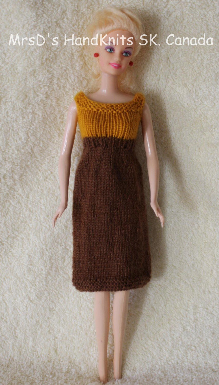 Hand Knit 11.5 Inch Fashion Dolls Dress Brown with Yellow Gold