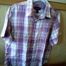 46-48_ XL-NO BOUNDARIES PINK WHITE-BLUE PLAID MAN’S SHIRT. L@@K!