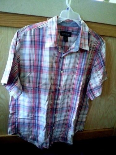 46-48_ XL-NO BOUNDARIES PINK WHITE-BLUE PLAID MAN&acirc;��S SHIRT. L@@K!