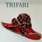 Trifari Enamel & Rhinestone Red Hat Society Pin Brooch, FREE SHIPPING