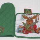 Happy Holidays Christmas Moose Pot Holder & Oven Mitt Set, Green, Revere Mills Inc NEW