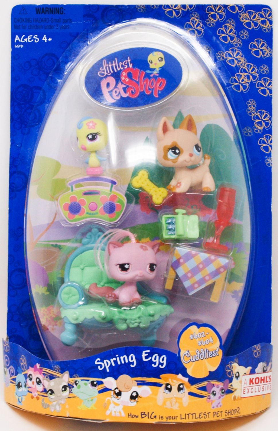 Littlest Pet Shop 2007 Spring Egg, #602-#604 Cuddliest Cat Bird Dog