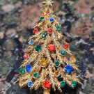 ART Signed Christmas Tree Brooch Pin With Multicolored Rhinestones, Vintage