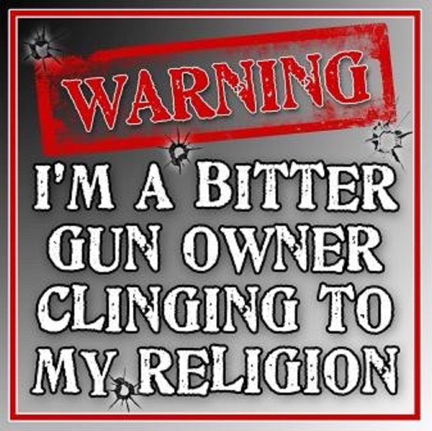WINDOW DECAL--WARNING-I'm a Bitter Gun Owner Clinging to my Religion--Home/Auto