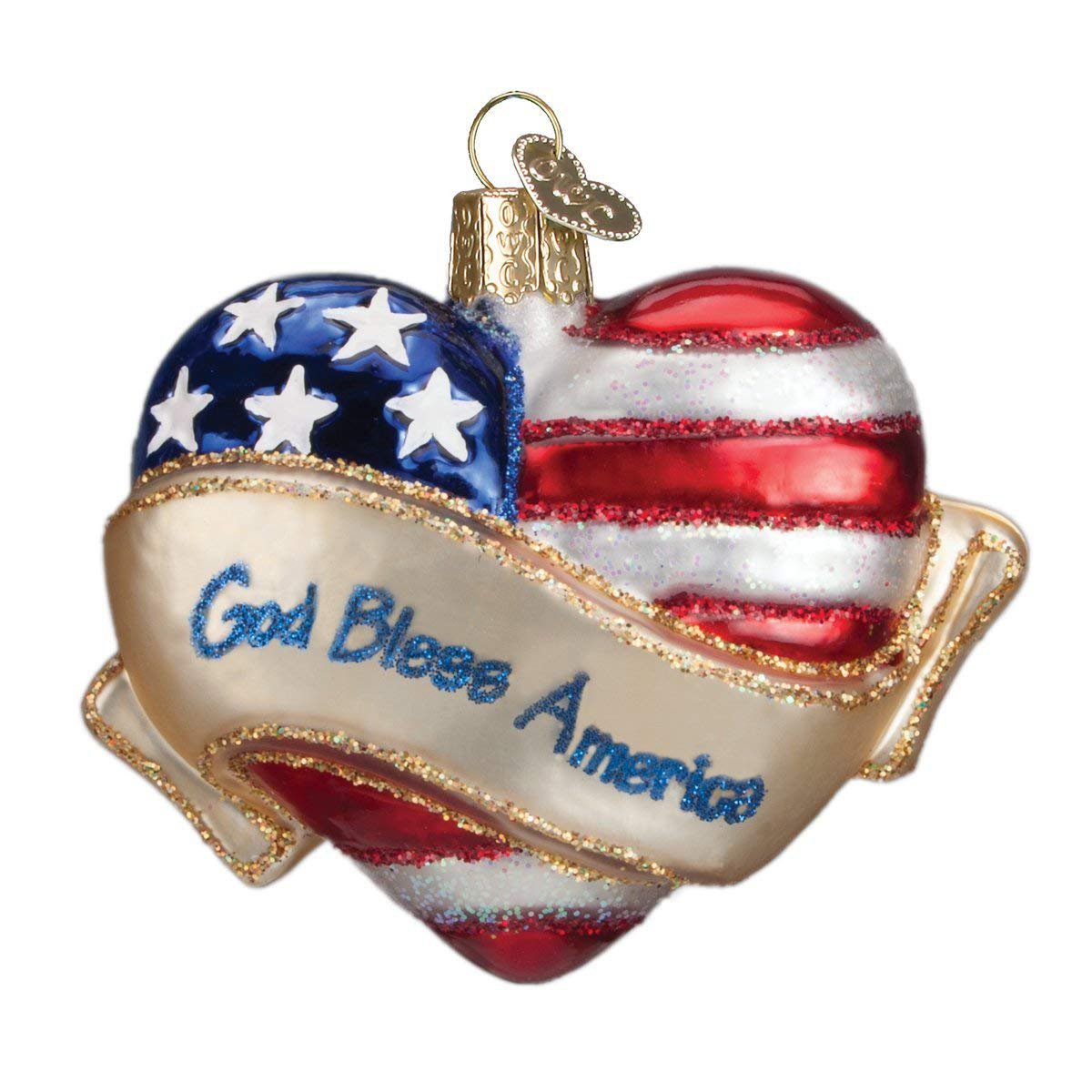 God Bless America Heart Blown Glass Christmas Ornament