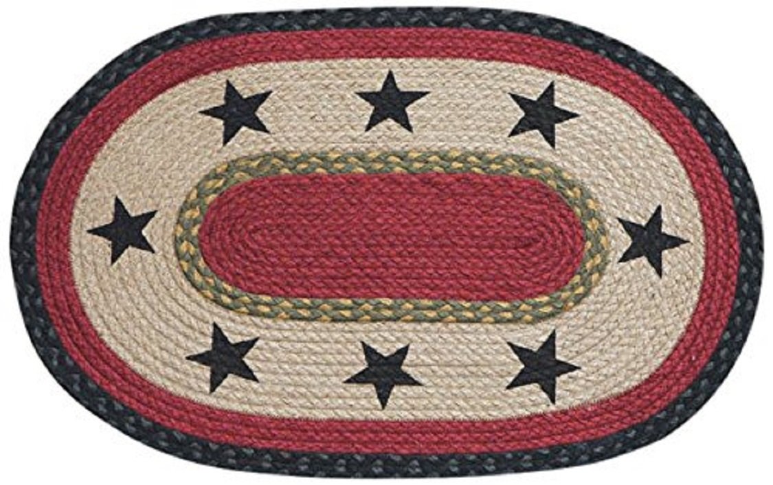BRAIDED RUG--20 X 30 Oval 100% Jute Rug-- BLACK STARS with RED CENTER