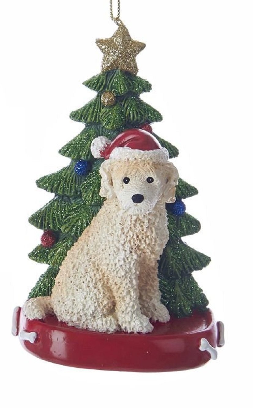 Kurt Adler LABRADOODLE OR GOLDENDOODLE w/ Tree on Base Ornament-Cream