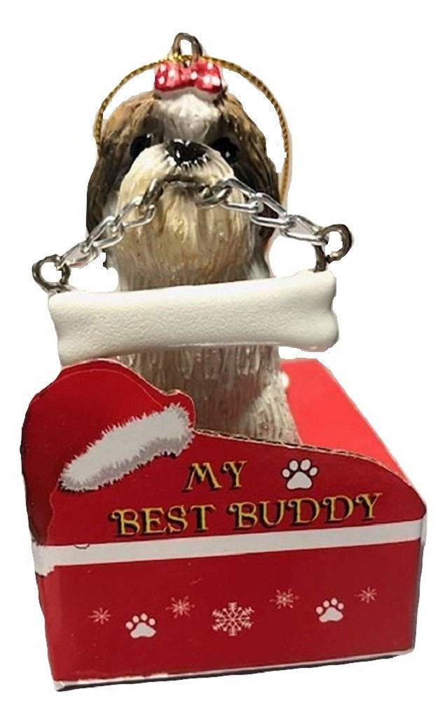 SHIH TAN & WH Statue with Bone on Box Base Christmas Ornament by E&S Pets