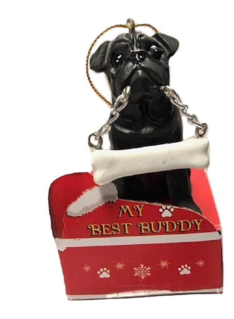 PUG-Black Statue with Bone on Box Base Christmas Ornament by E&S Pets