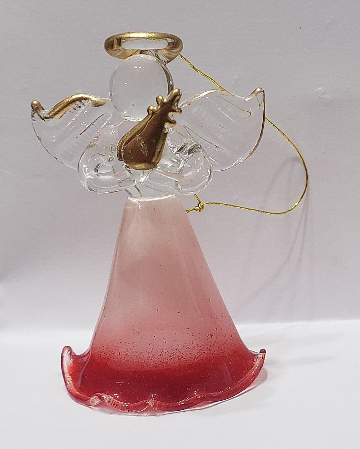 Glass Colored Angel Christmas Ornament with Musical Instrument-Red Smooth Dress