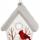 Kurt Adler White Birdhouse With Cardinals Glass Ornament--Square