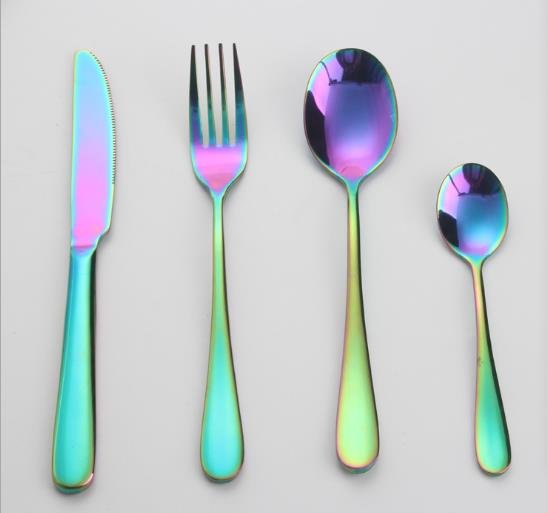 Rainbow colored stainless steel tableware set