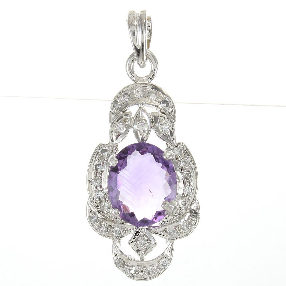 925 Sterling Silver Casting Pendant Natural Amethyst & CZ Stone 1.2'' PD-98