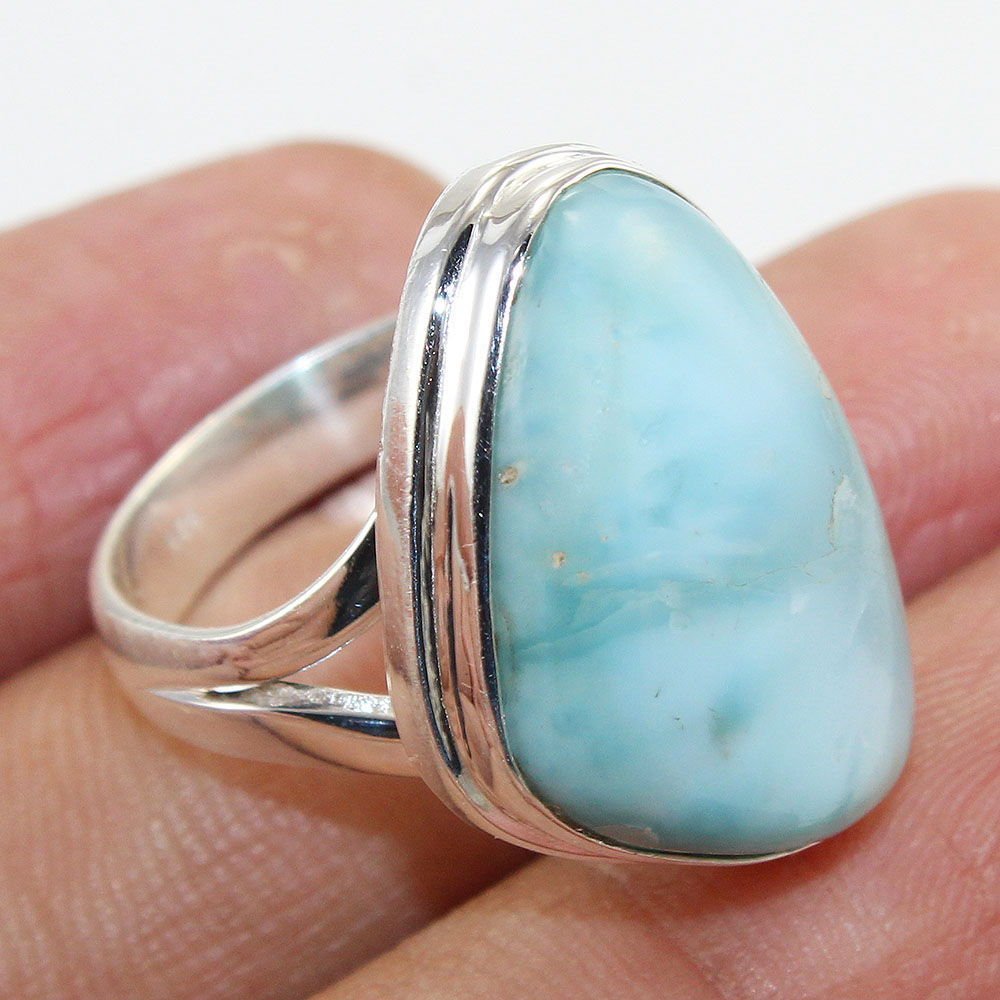 925 Sterling Silver Handmade Ring Natural Larimar Stone US 7 Size R-222