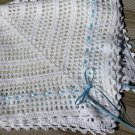 White crochet christening baptism baby boy blanket with ribbon