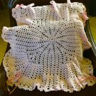 Crochet delicate pink lacy baby girl blanket w/ satin bows