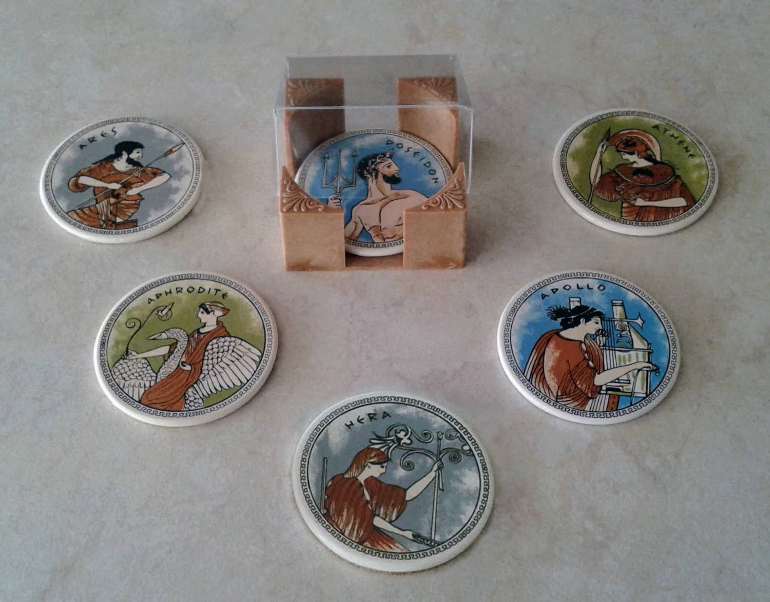 Ancient Greek Gods Ceramic Coasters set of 6 with case, stoneware, tea cups, coffee mugs, pottery