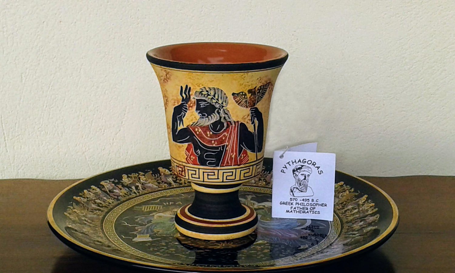 Pythagoras cup, Fair cup, Museum Copy, engraved in hand, depicts God Zeus, stoneware, pottery