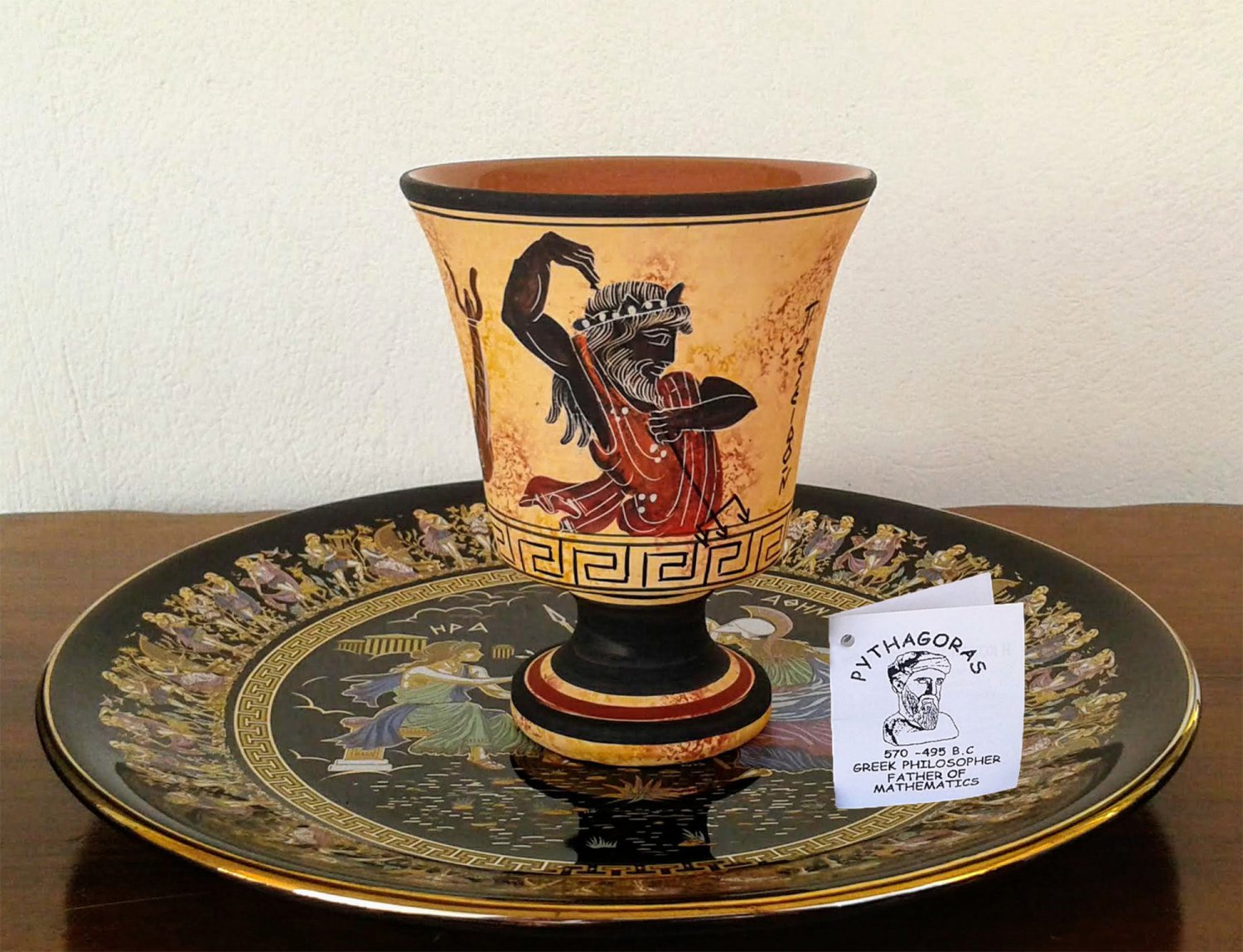 Pythagoras cup, Fair cup, Museum Copy, engraved in hand, depicts God Poseidon, stoneware, pottery