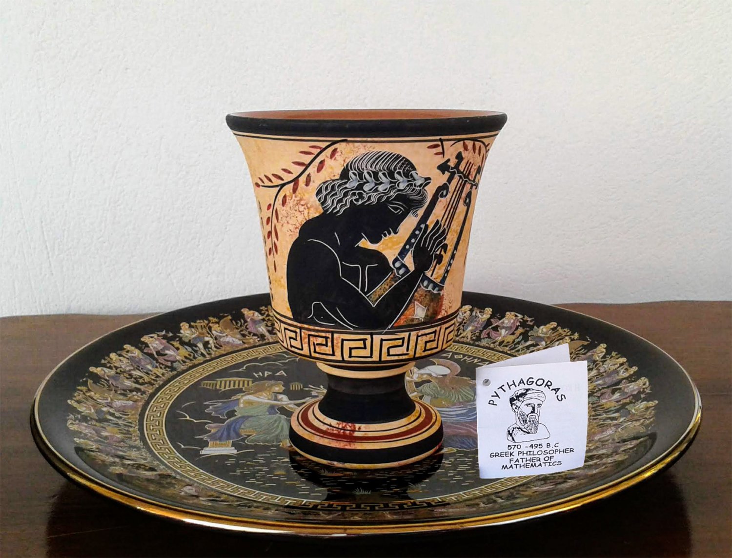 Pythagoras cup, Fair cup, Museum Copy, engraved in hand, depicts God Apollo, stoneware, pottery