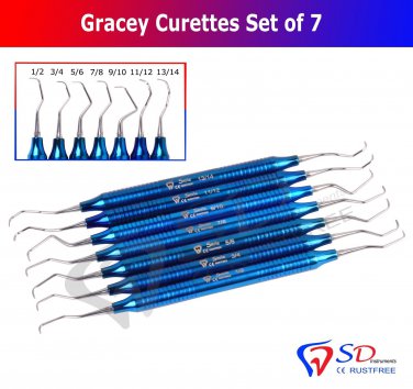 SD0183 Titanium Coated Dental Gracey Curettes Set of 7 Periodontal Scaler Calculus NEW