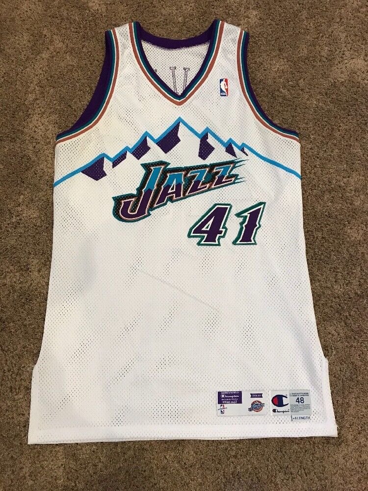 THURL BAILEY HOME WHITE UTAH JAZZ GAME USED WORN JERSEY 48 +4 1998-99 CHAMPION