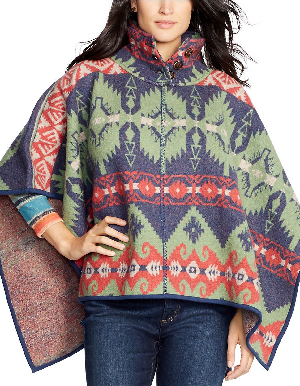 Lauren Ralph Lauren Patterned Wool Poncho SWEATER SOUTHWESTERN WOMENS S/M $325