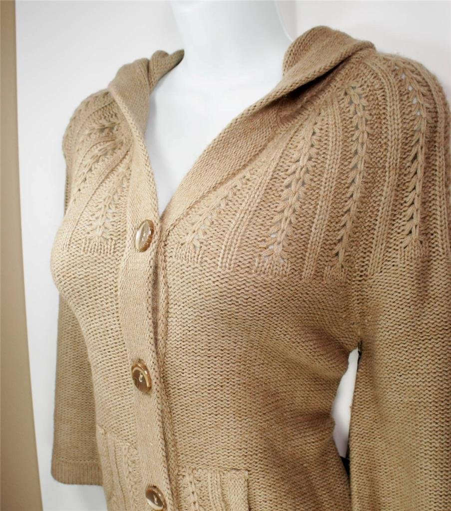 WOMENS BCBG MAX AZRIA SWEATER TAN CAMEL $180 BUTTON UP hooded 3/4 SLEEVE L LARGE