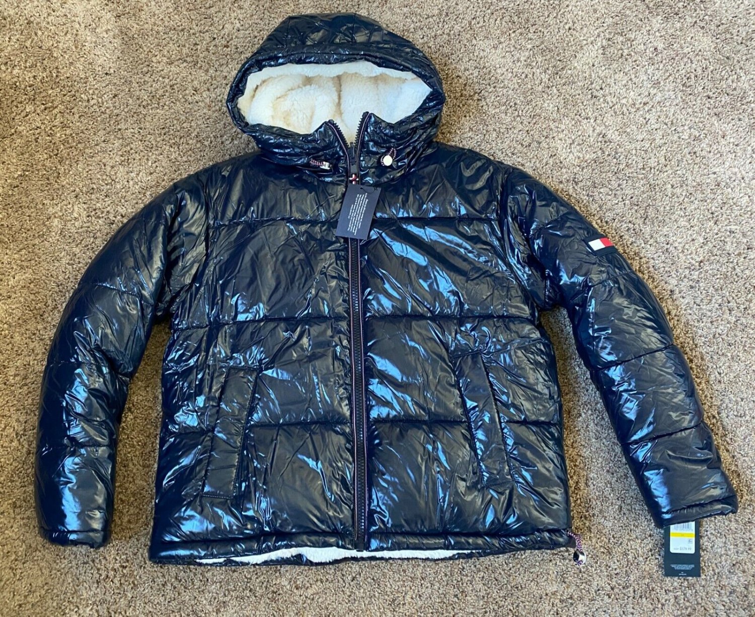 Women's TOMMY HILFIGER REVERSIBLE WINTER COAT JACKET PUFFER GLOSSY SHERPA $180