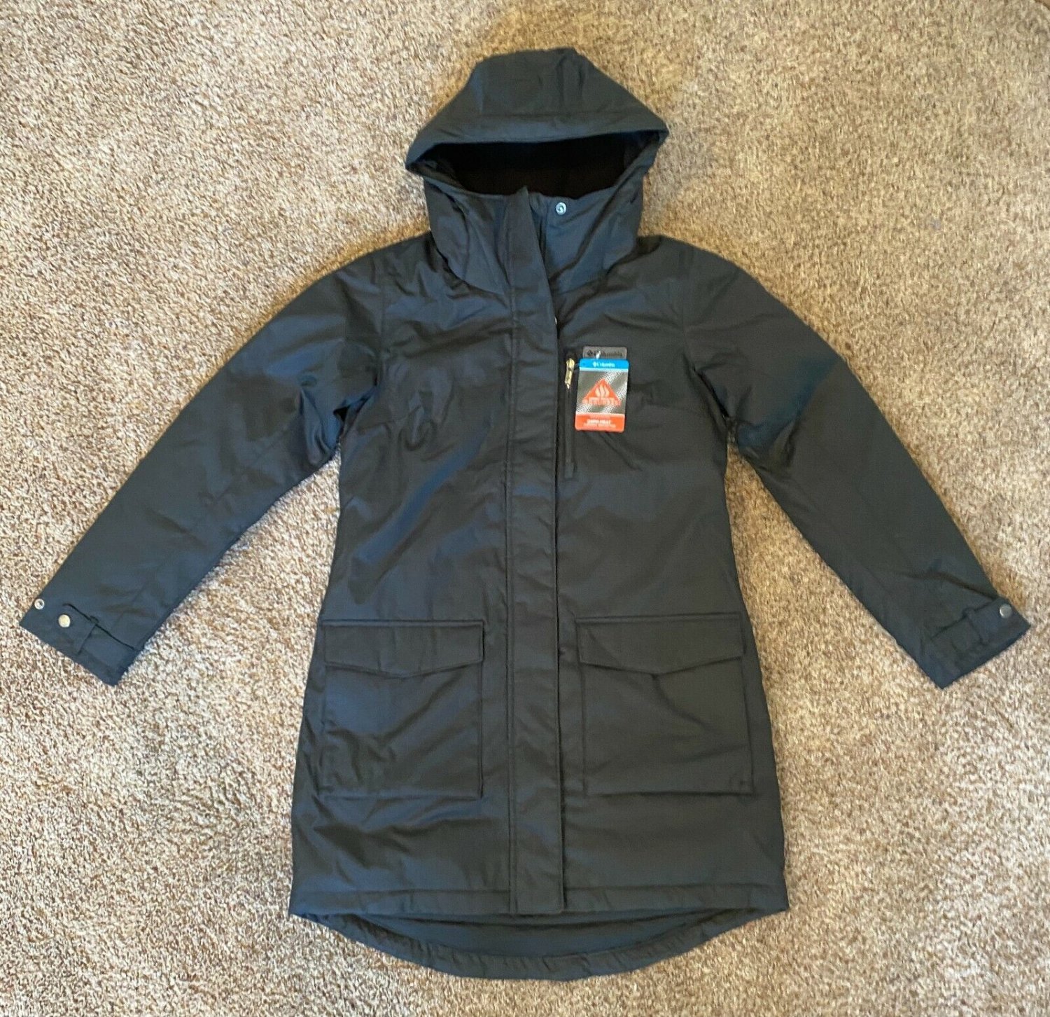 Columbia Women's S SMALL Full-Zip Snap-Up Mountain City Long Hooded Jacket BLACK