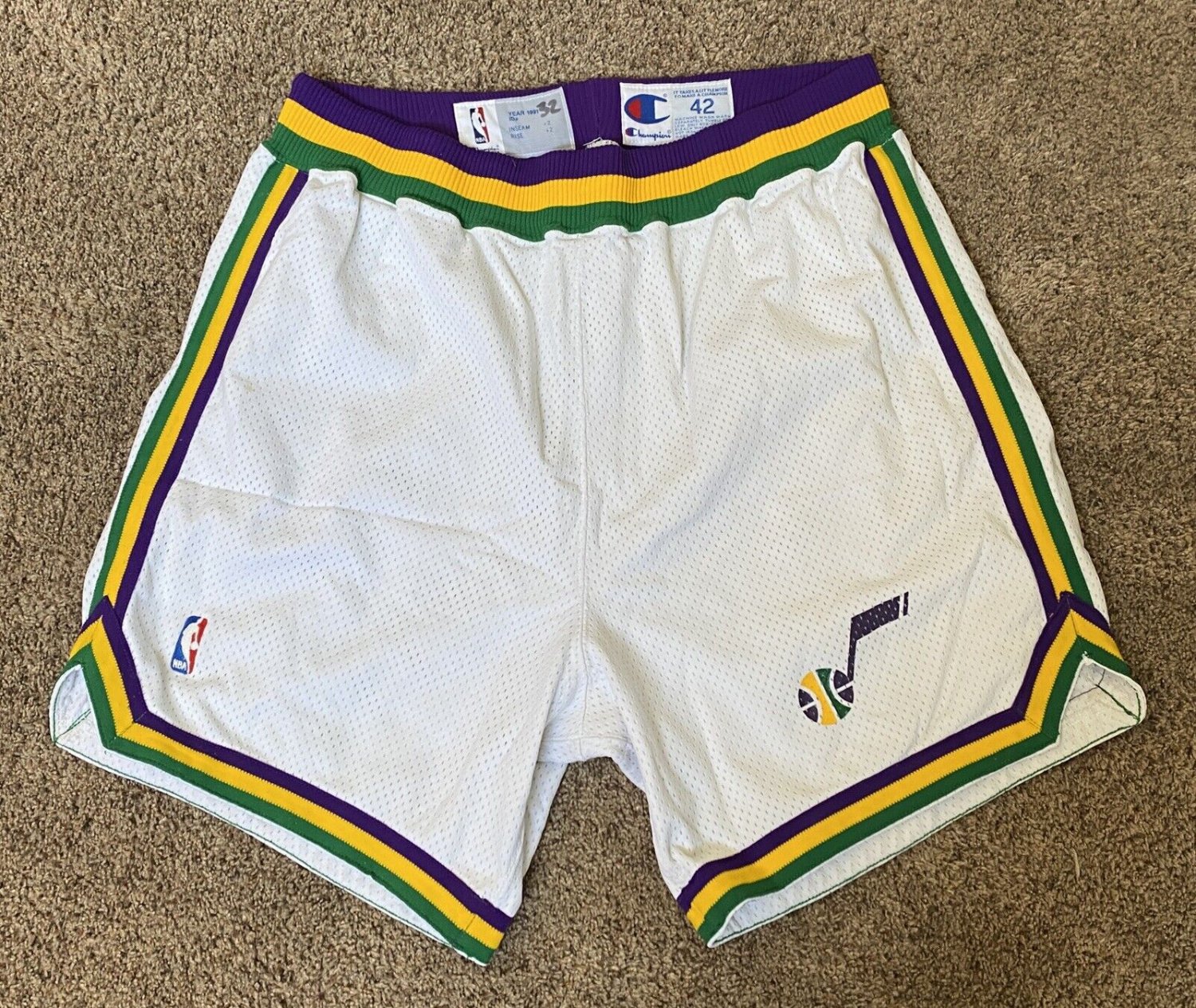 KARL MALONE UTAH JAZZ GAME USED WORN SHORTS UNIFORM SIZE 42 WHITE CHAMPION GU