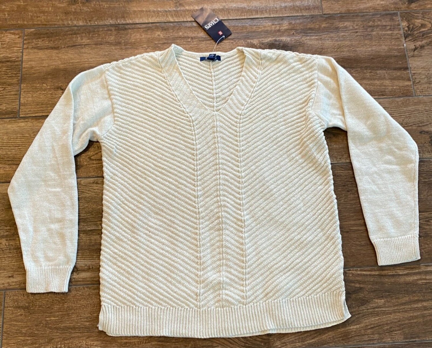 CHAPS WHITE CREAM GOLD GLITTER V NECK SWEATER WOMENS LARGE NEW $50 CHEVRON