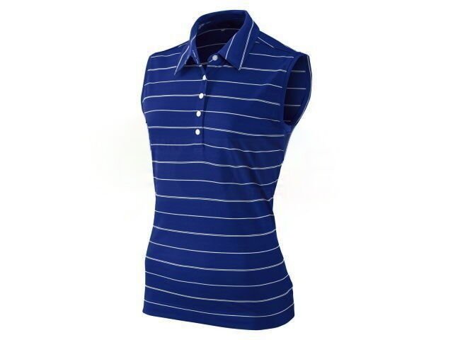 NIKE GOLF WOMENS TECH STRIPE SLEEVELESS POLO SHIRT DRI FIT M BLUE WHITE 389635