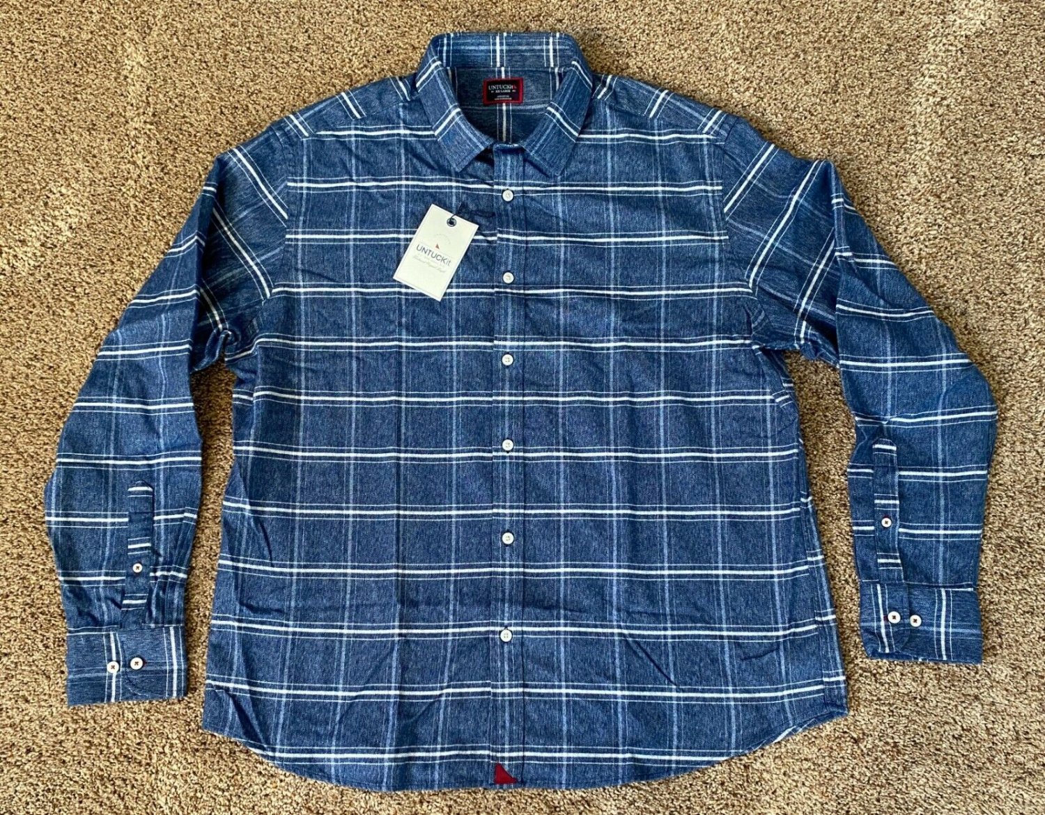 UNTUCKit BRIGNOLE BLUE CHECK PLAID BRUSHED COTTON FLANNEL SPREAD COLLAR  XXL