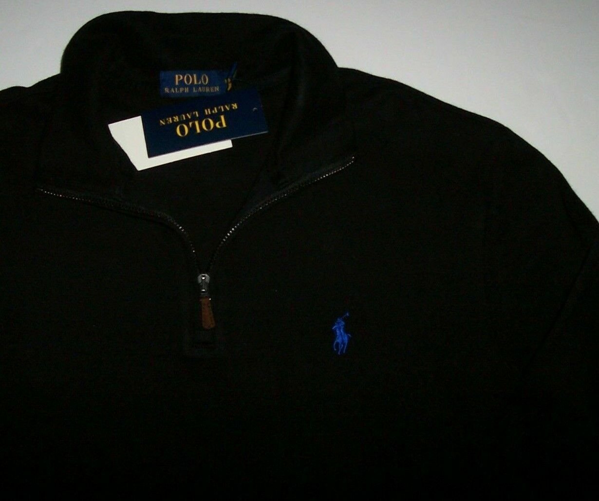 NWT Polo Ralph Lauren SOLID BLACK Estate Rib Half-Zip Shirt Sweater M BLUE PONY