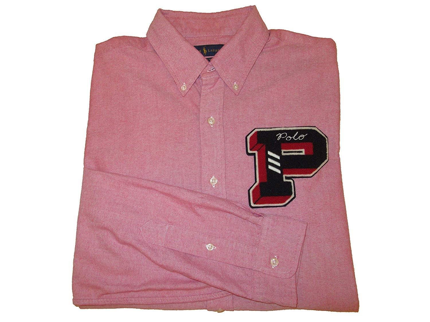 RALPH LAUREN Polo Mens Button-Down Varsity Patch Oxford Shirt Light Red M L XL