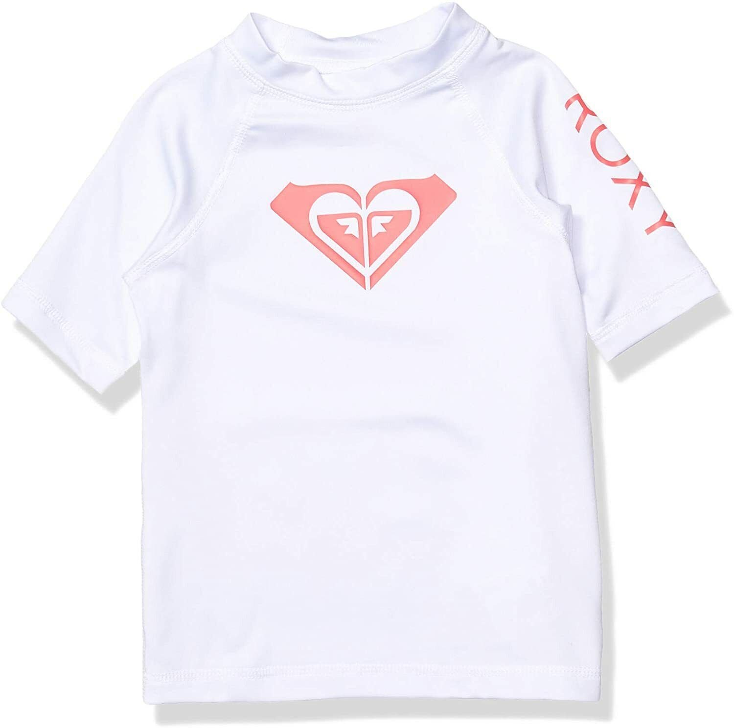 Roxy Whole Hearted  Short Sleeve Rashgaurd Little Girls 4 WHITE PINK UPF 50+