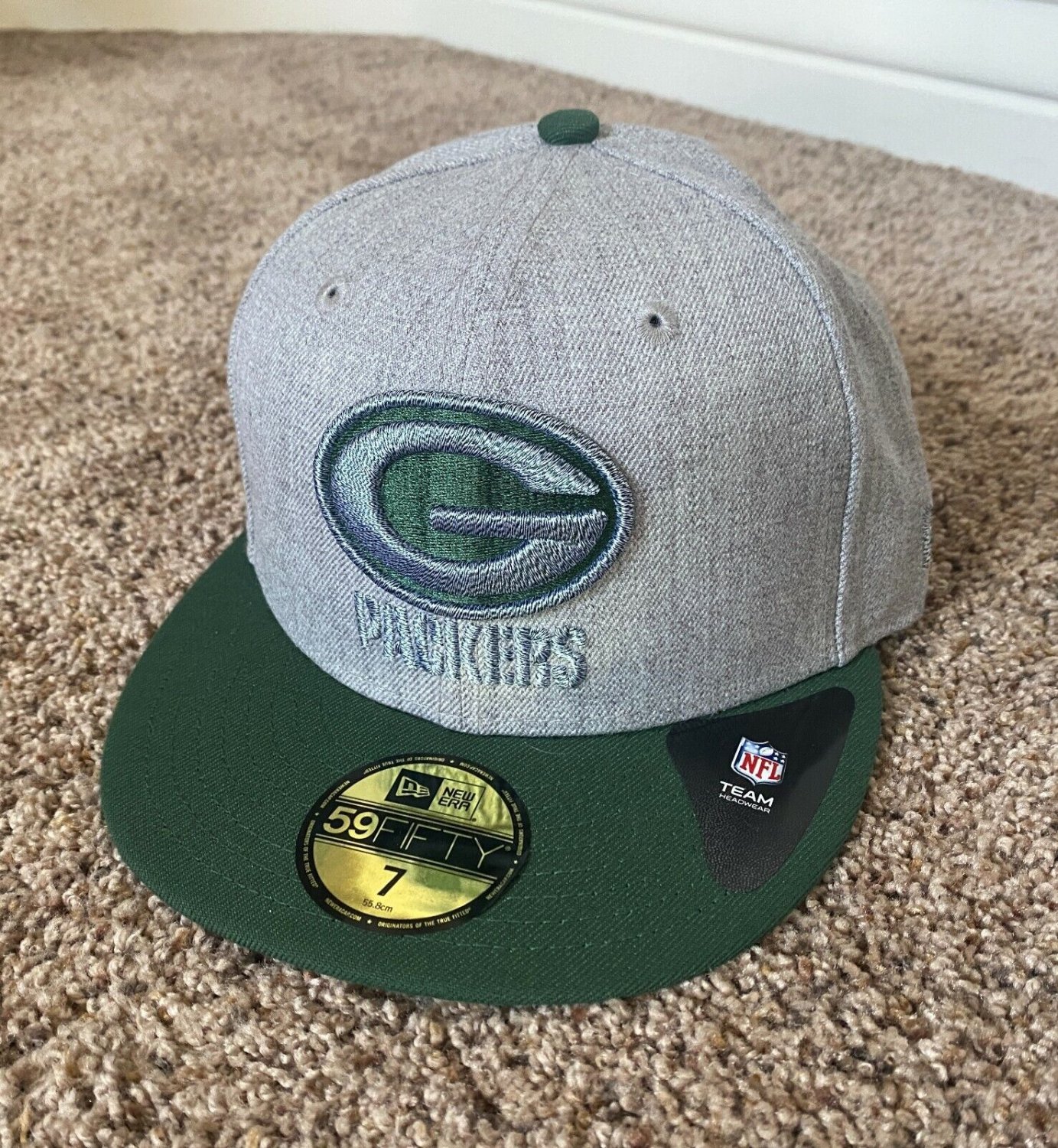 New Era Green Bay Packers Hat NFL Flat Bill Cap 59Fifty GREY LIFE FAN SIZE 7 NWT