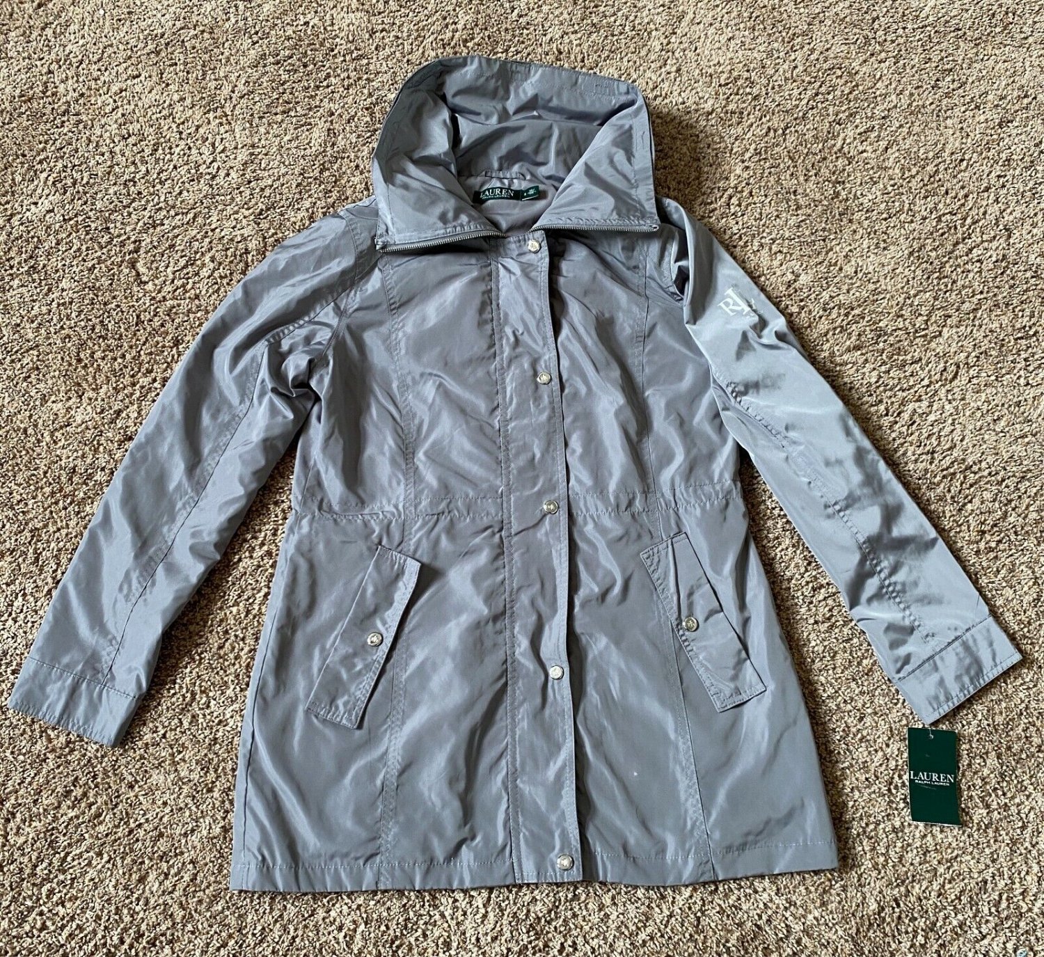 NEW LRL Lauren Ralph Lauren LIGHT GREY HOODED RAIN JACKET 17587 S NWT $150