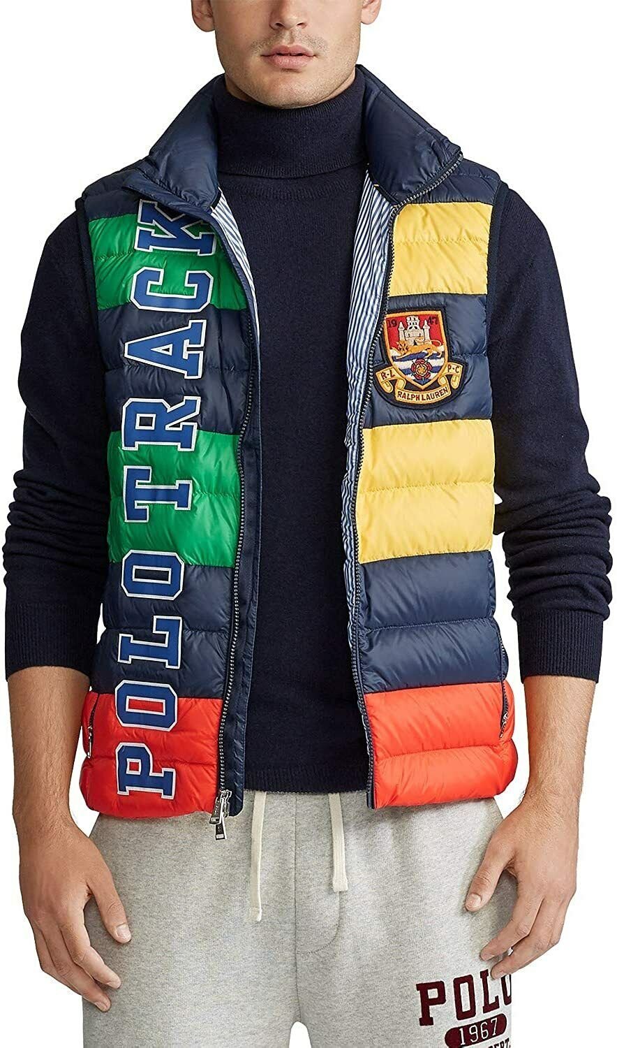 Polo Ralph Lauren Men's Packable Down Vest Size Large Multicolor Navy Yellow Red
