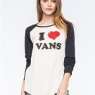 I LOVE Vans Women's S HATTERAD Raglan T-Shirt-WHITE BLACK BASEBALL LONG SLEEVE