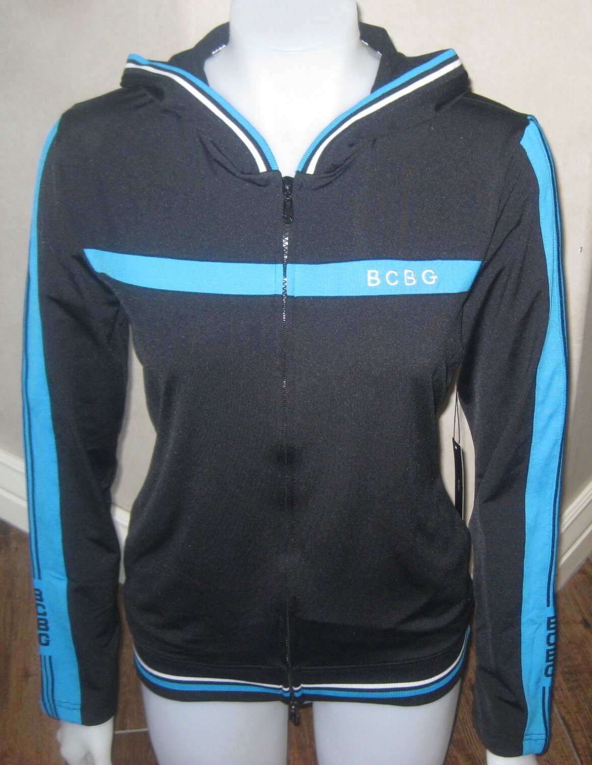WOMENS BCBG MAX AZRIA BLACK AQUA L NEW $140 zip up TRAINING TOP JACKET BCN13355J
