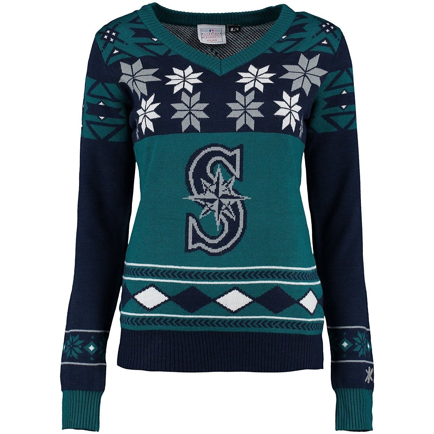 NEW MLB KLEW SEATTLE MARINERS WOMENS BIG LOGO V-NECK UGLY SWEATER PARTY SZ S