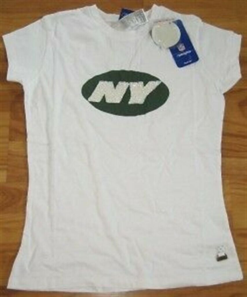 NEW YORK JETS LADIES CAP SLEEVE FITTED T SHIRT L LARGE BEADED WHITE NFL NEW