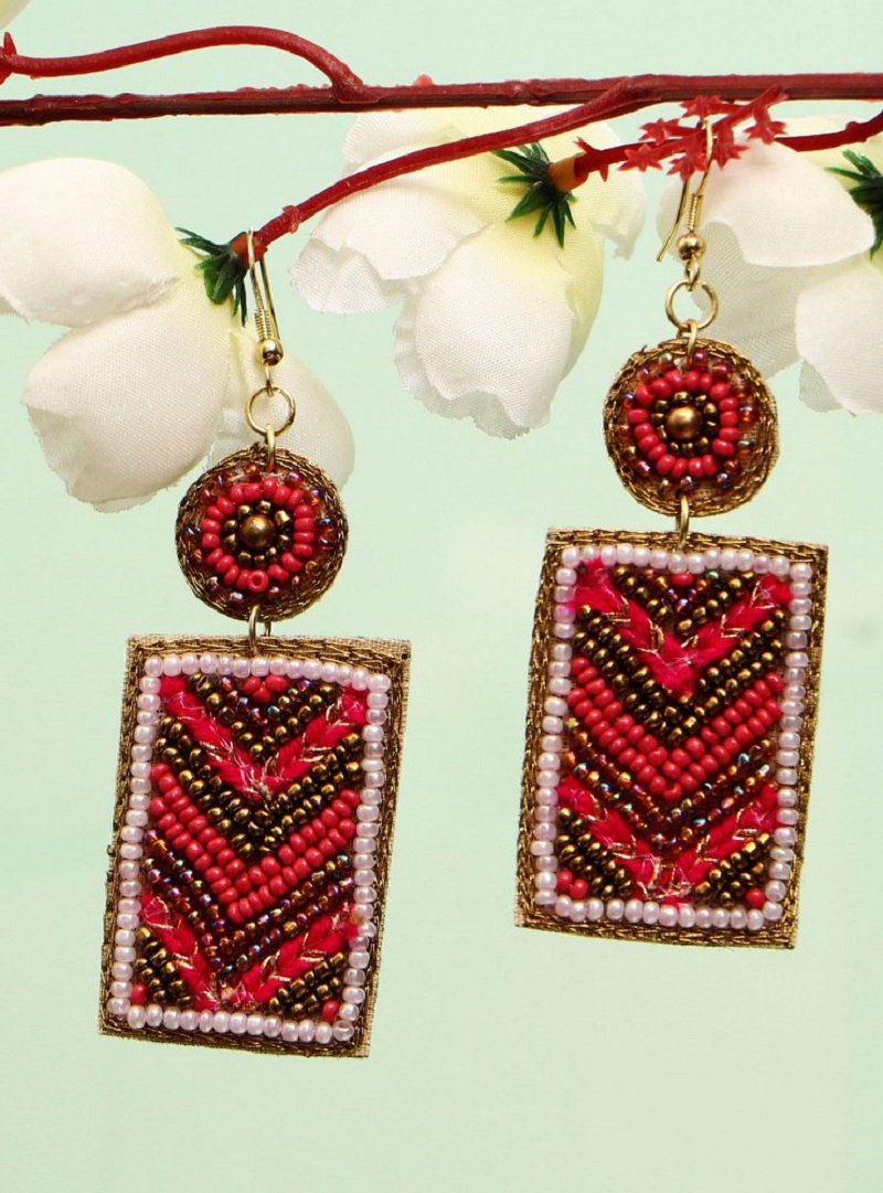 Handmade Artificial Earrings Aurora Red, Bright White And Old Gold Color