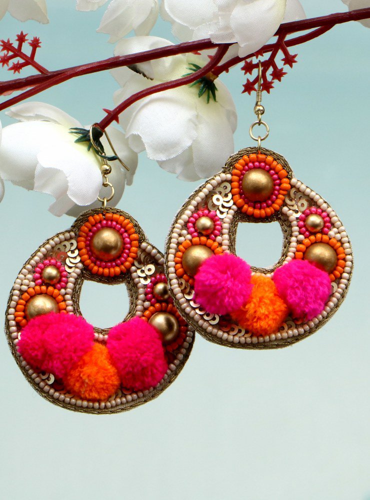 Handmade Artificial Earrings Zinnia And Super Pink Color