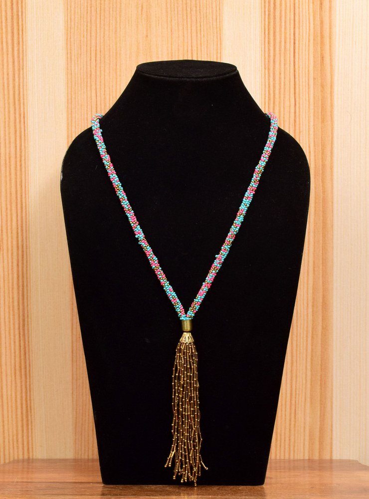 Handmade Artificial Necklace Blue Topaz, Pink Carnation And Golden Color