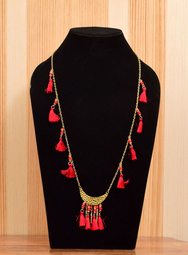 Handmade Artificial Necklace Poppy Red And Golden Color