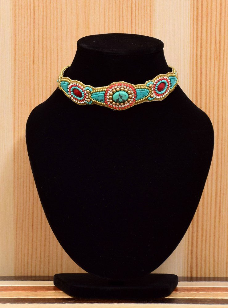 Handmade Artificial Necklace Blue Topaz And Racing Red Color