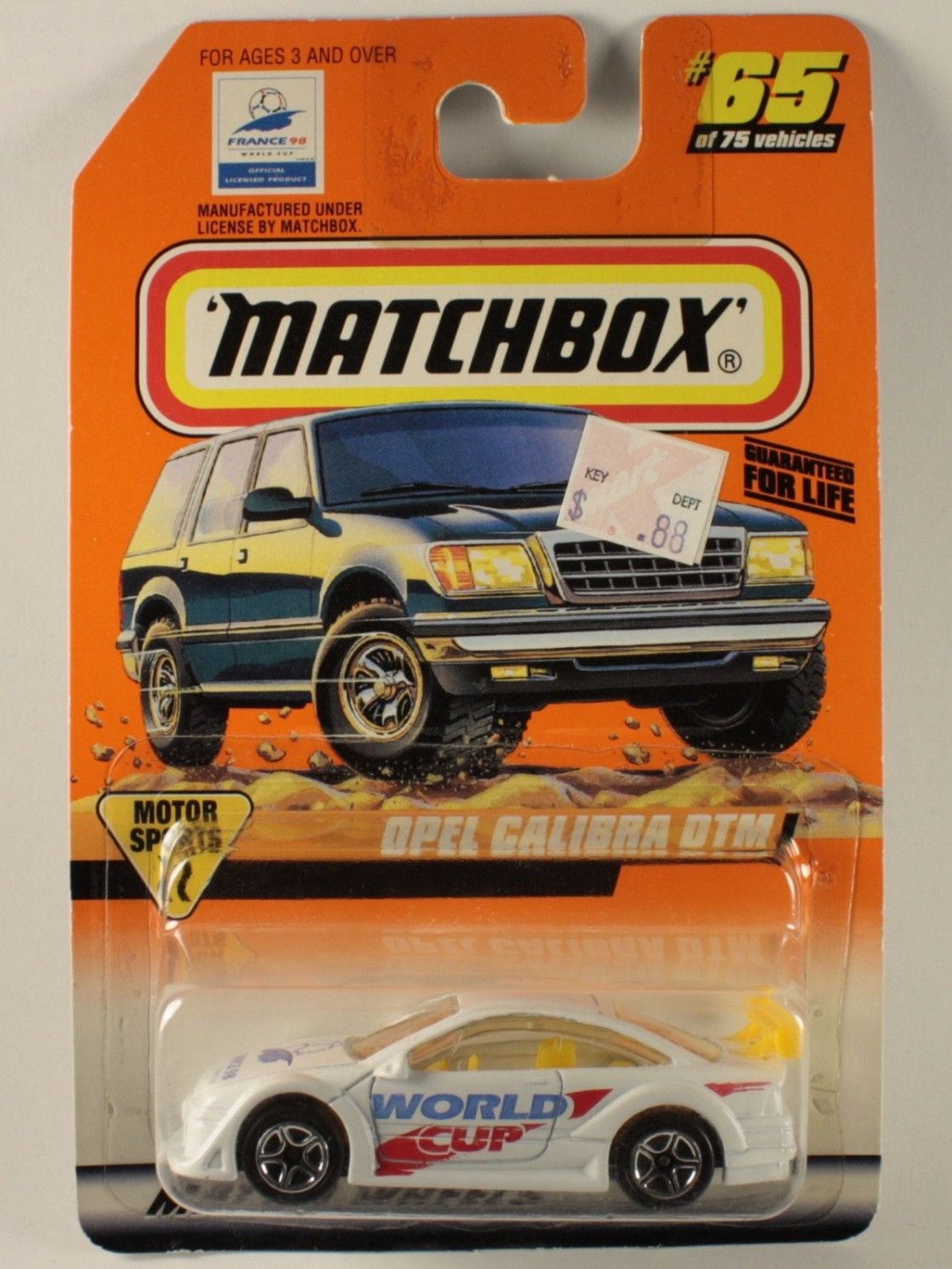 Matchbox 1998 #65 Opel Calibra DTM, World Cup Graphics, White, Motor Sports